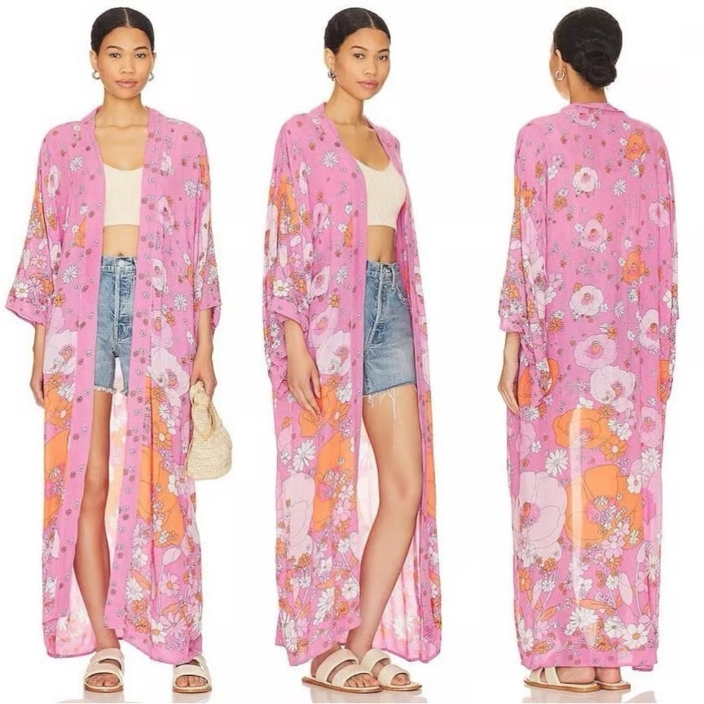 Free People Hidden Hills Floral Pink Maxi Kimono Cover-Up
